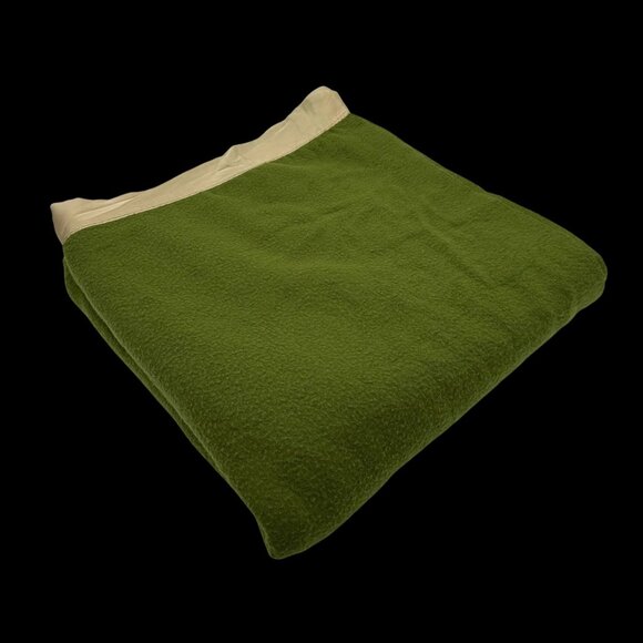 Vintage Satin Trim Blanket Army Green Tan Retro 80 by 80 Bedspread Retro Cabin - Picture 1 of 10